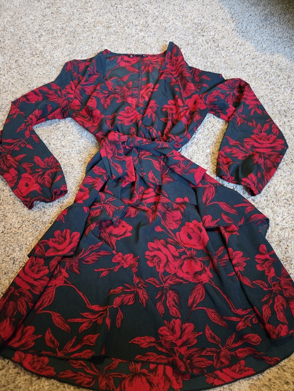 💖Uguest Black & Red Floral Long Sleeve Dress